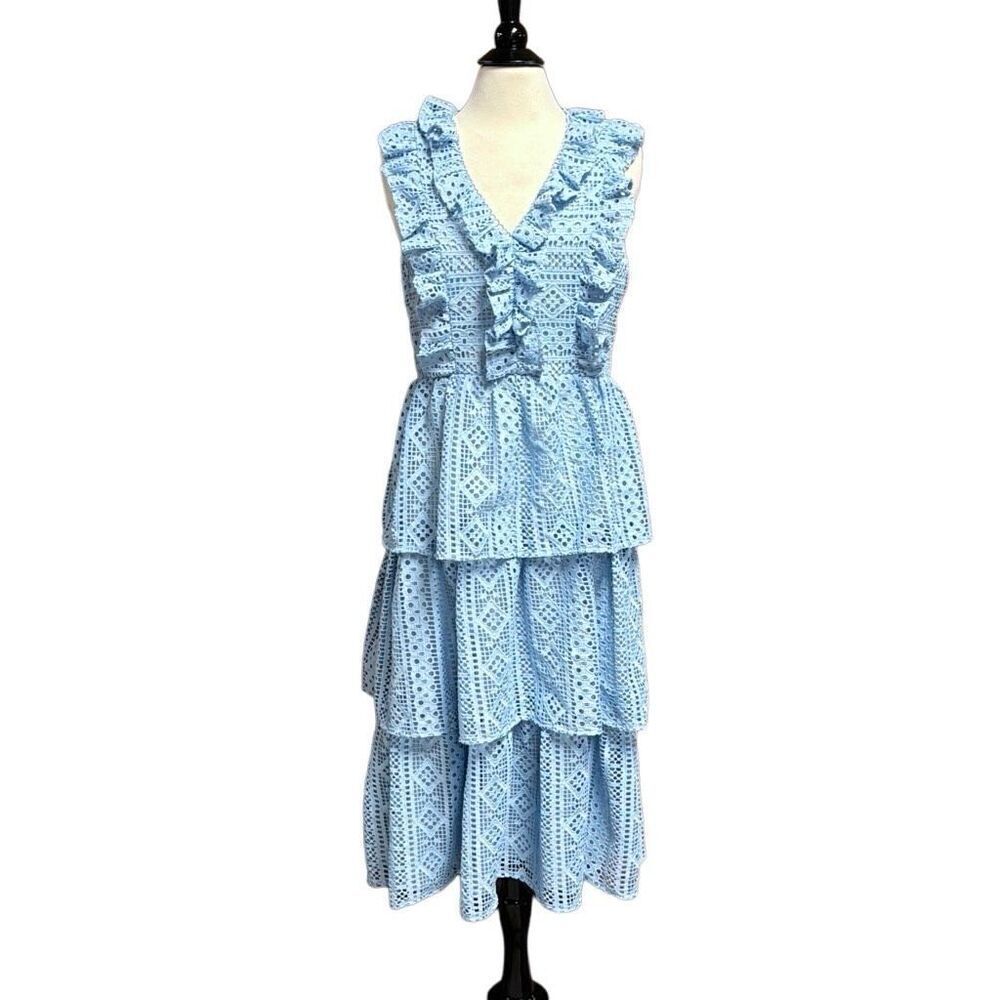 Endless Rose Light Blue Tiered Eyelet Midi Dress